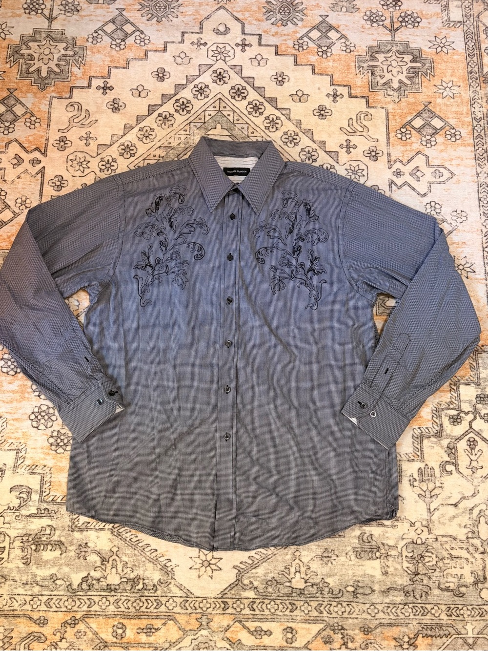 MICHAEL BRANDON XL long sleeve, black and white button-down w/ black embroidery